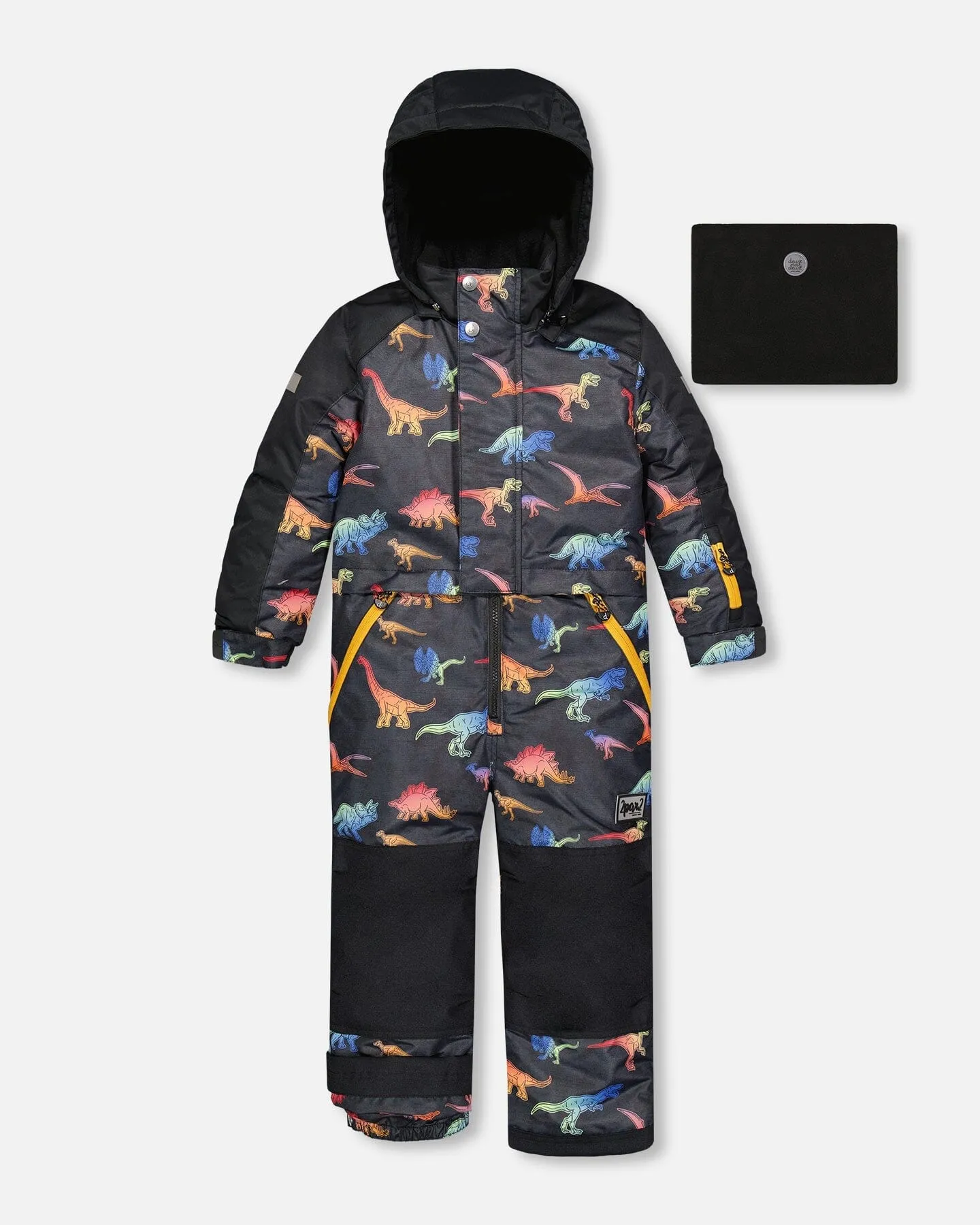 One Piece Black Snowsuit With Gradient Dino Print