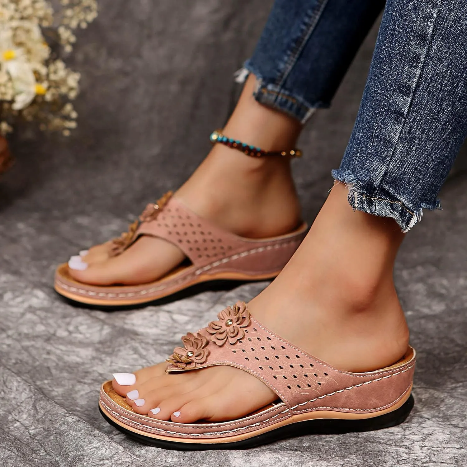Orthopedic Sandals for Women,Womens Sandals with Arch Support Orthotic Sandals Flip Flops Wedge Walking Slippers 2024