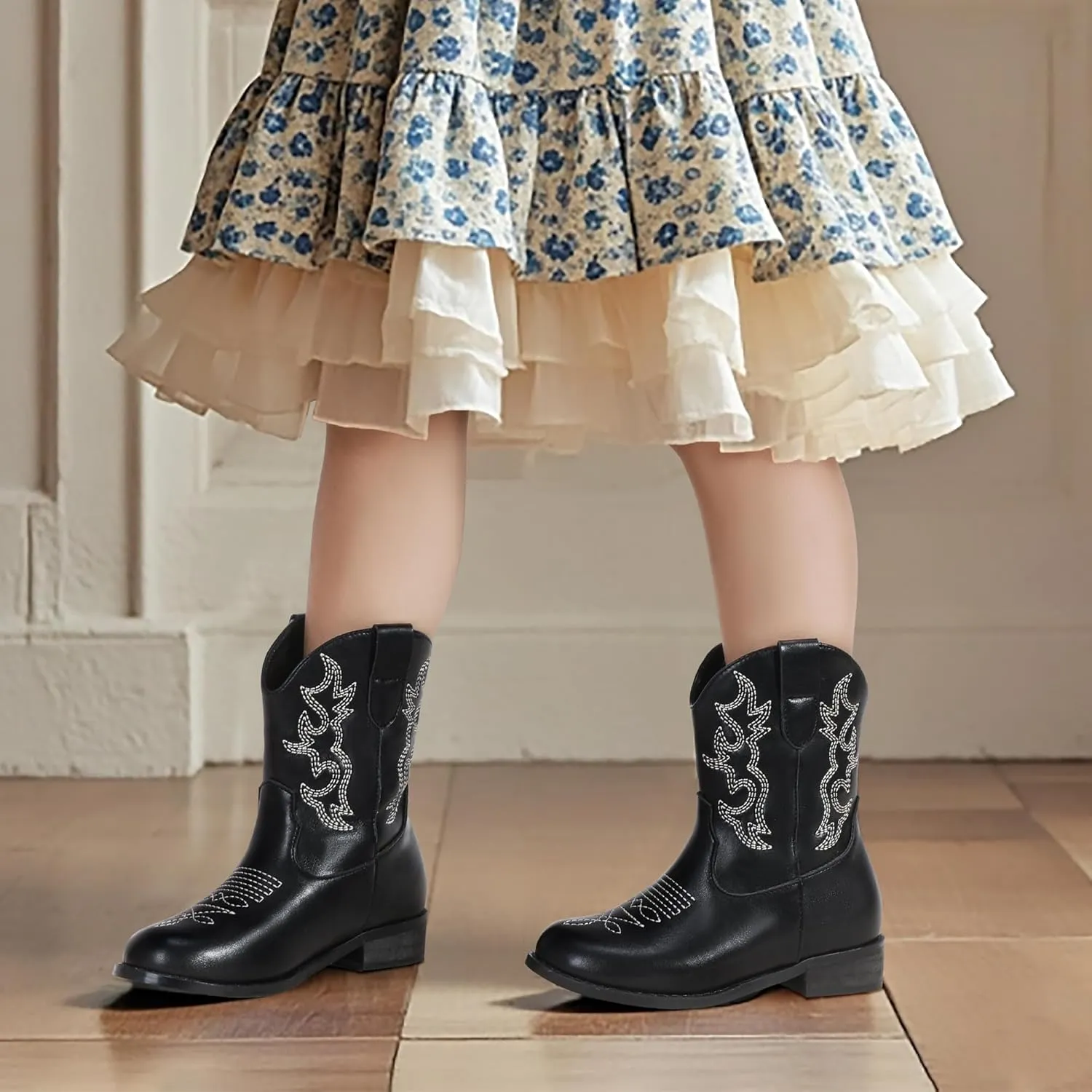 PANDANINJIA Girls Toddler Cowgirl Boots Riding Round Toe Western Blue Calf High 12 Months