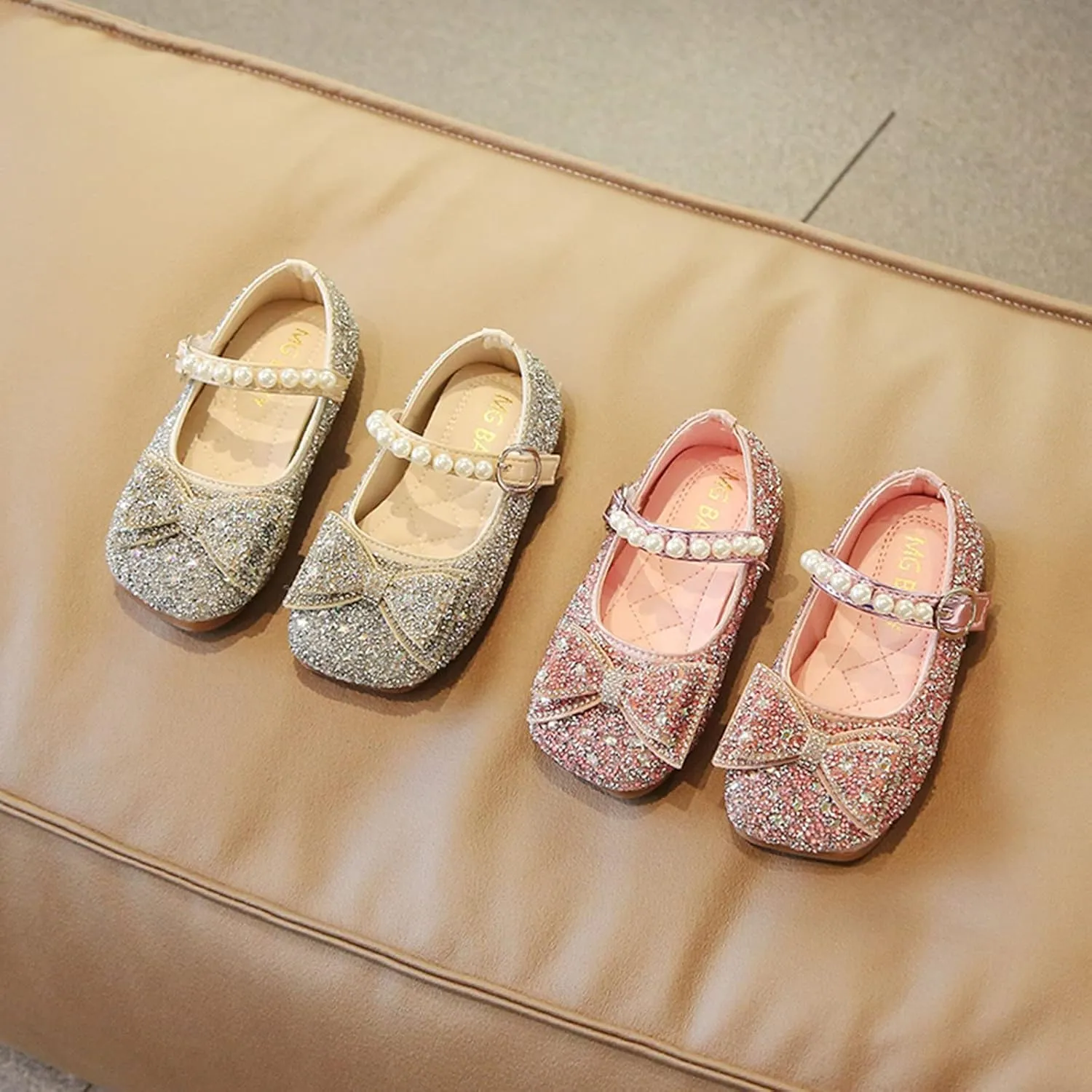 Princess Flat Sequins Little Girls Low Heels Pearl Buckle Dress Shoes Toddler Dress Ballet Mary Jane Bow Flat Shoes