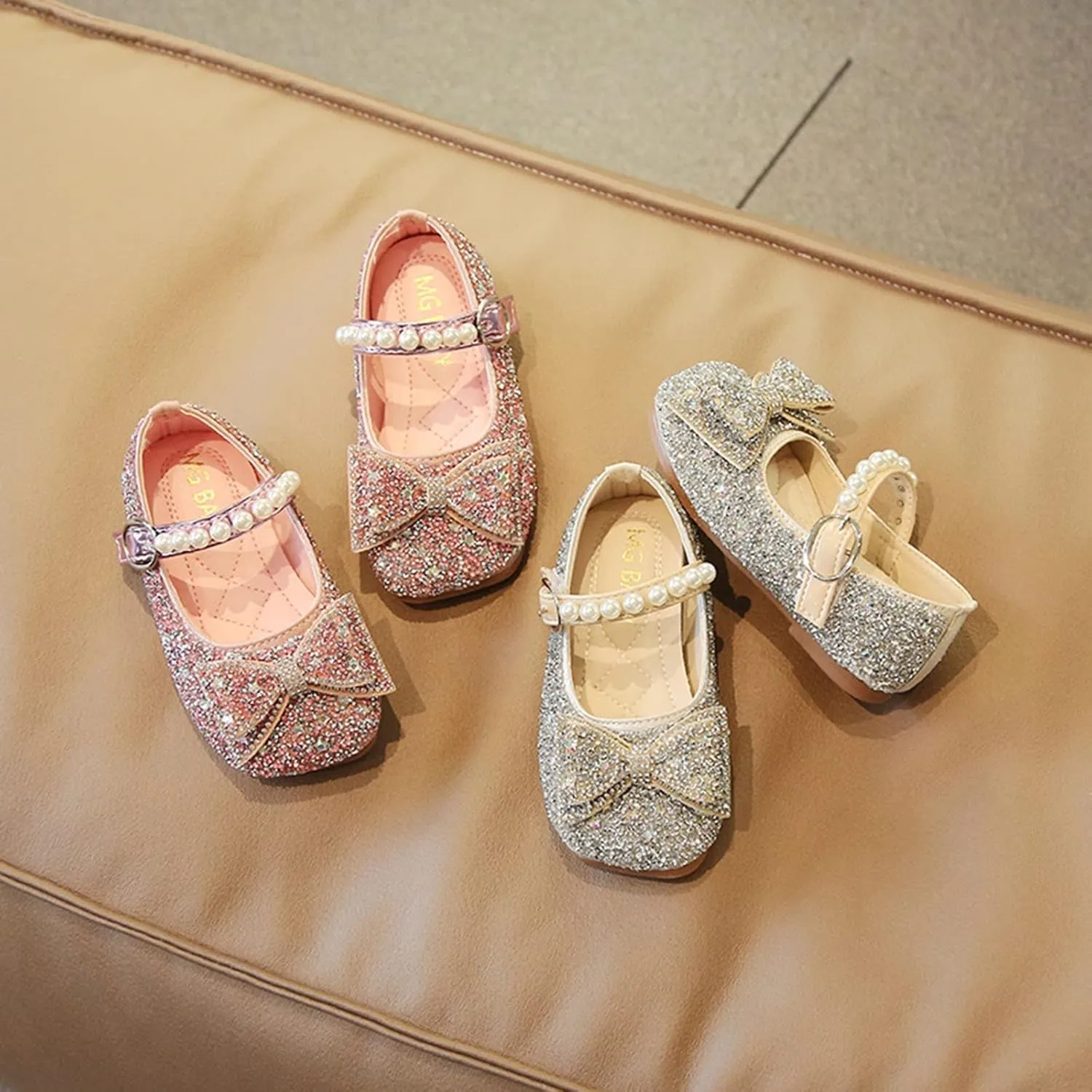 Princess Flat Sequins Little Girls Low Heels Pearl Buckle Dress Shoes Toddler Dress Ballet Mary Jane Bow Flat Shoes