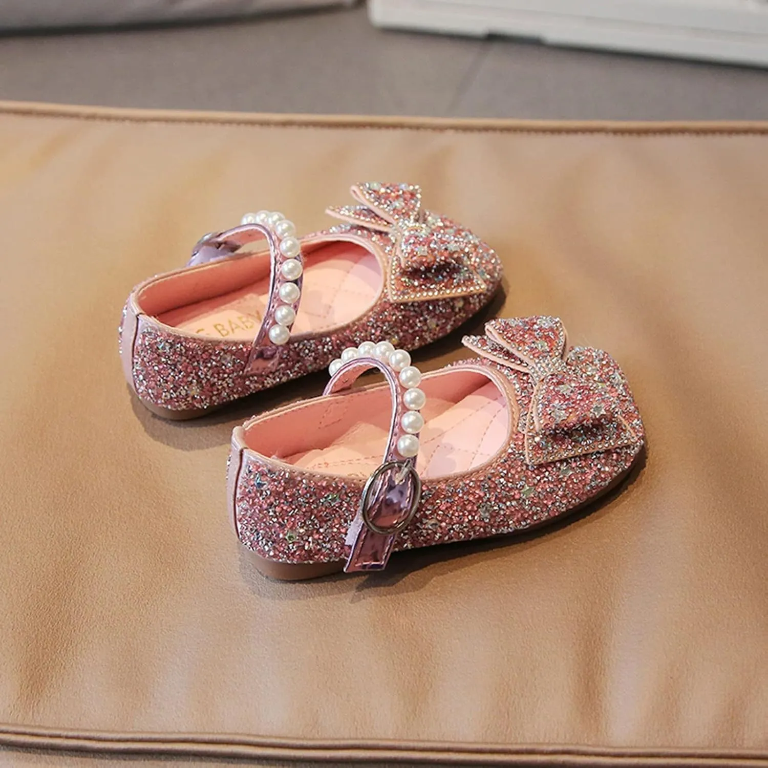 Princess Flat Sequins Little Girls Low Heels Pearl Buckle Dress Shoes Toddler Dress Ballet Mary Jane Bow Flat Shoes