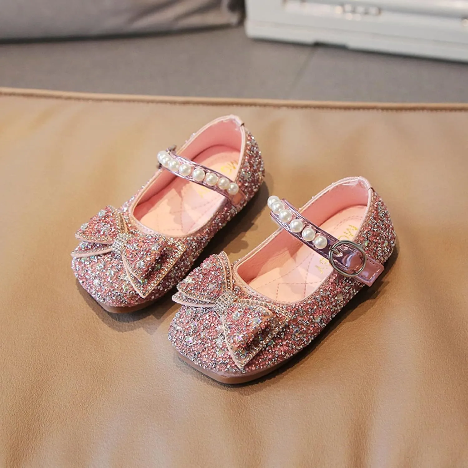 Princess Flat Sequins Little Girls Low Heels Pearl Buckle Dress Shoes Toddler Dress Ballet Mary Jane Bow Flat Shoes