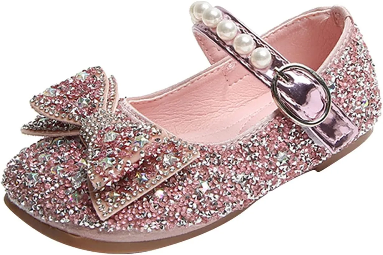 Princess Flat Sequins Little Girls Low Heels Pearl Buckle Dress Shoes Toddler Dress Ballet Mary Jane Bow Flat Shoes