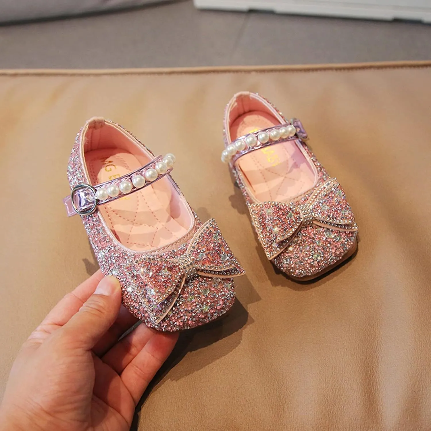 Princess Flat Sequins Little Girls Low Heels Pearl Buckle Dress Shoes Toddler Dress Ballet Mary Jane Bow Flat Shoes