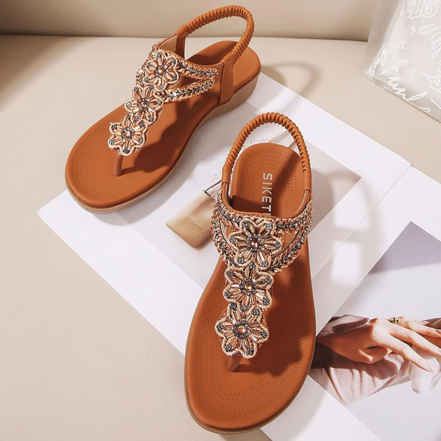 Sandals for Women Dressy Summer Beach Sandals Comfortable Bohemian Flats Sandal Elastic Ankle Strap Shoes