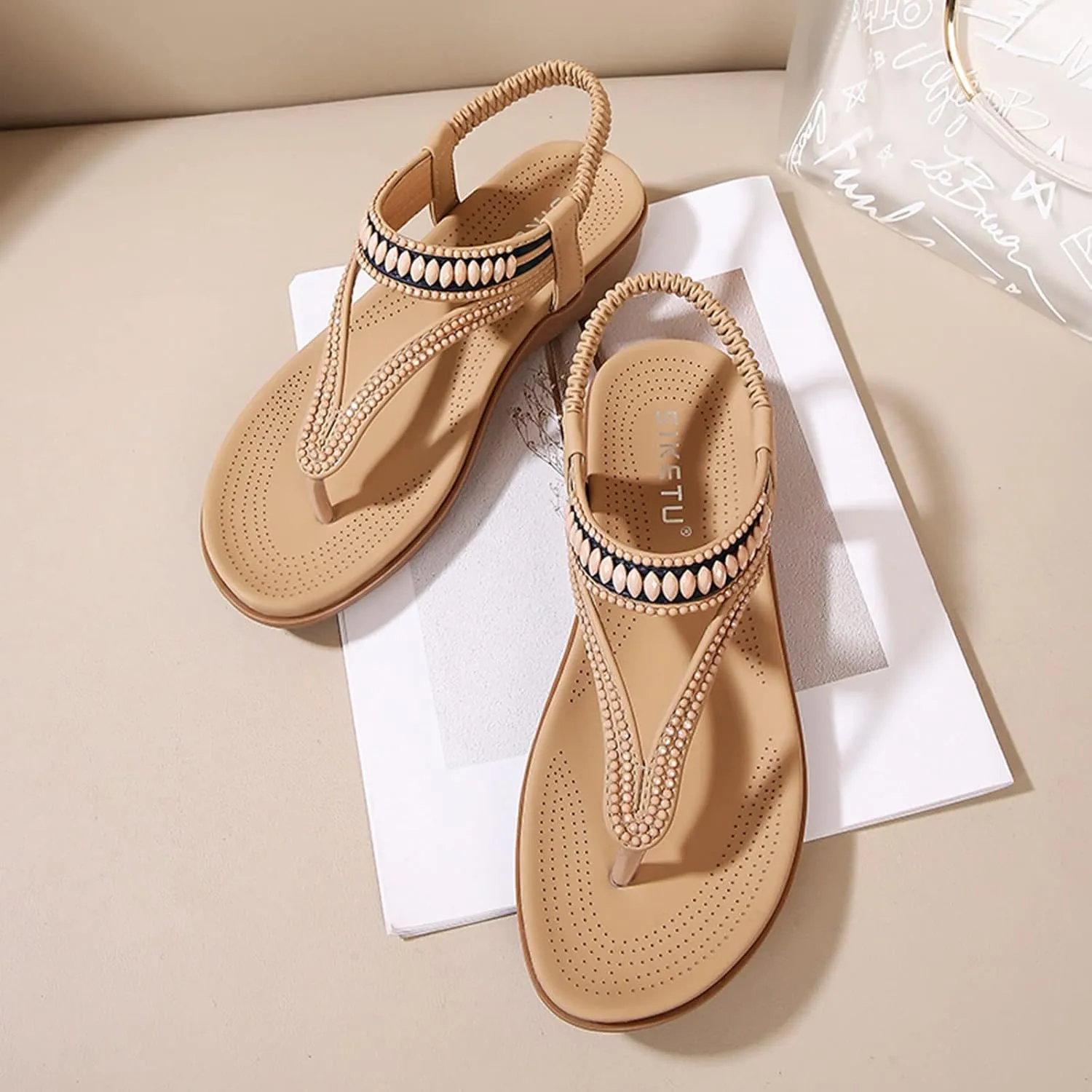 Sandals for Women Dressy Summer Beach Sandals Comfortable Bohemian Flats Sandal Elastic Ankle Strap Shoes