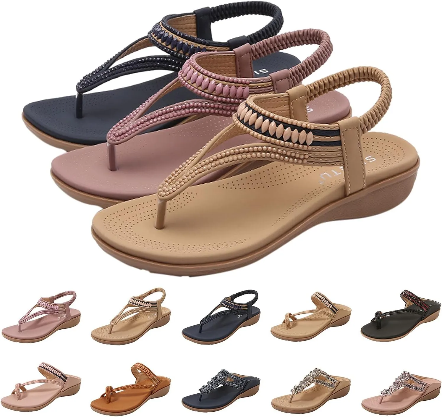 Sandals for Women Dressy Summer Beach Sandals Comfortable Bohemian Flats Sandal Elastic Ankle Strap Shoes