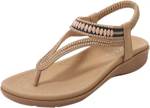 Sandals for Women Dressy Summer Beach Sandals Comfortable Bohemian Flats Sandal Elastic Ankle Strap Shoes
