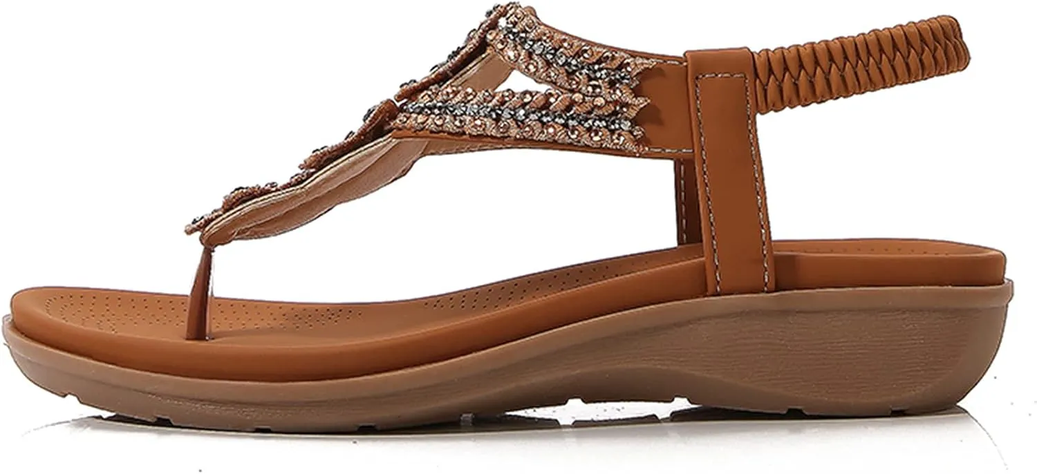 Sandals for Women Dressy Summer Beach Sandals Comfortable Bohemian Flats Sandal Elastic Ankle Strap Shoes