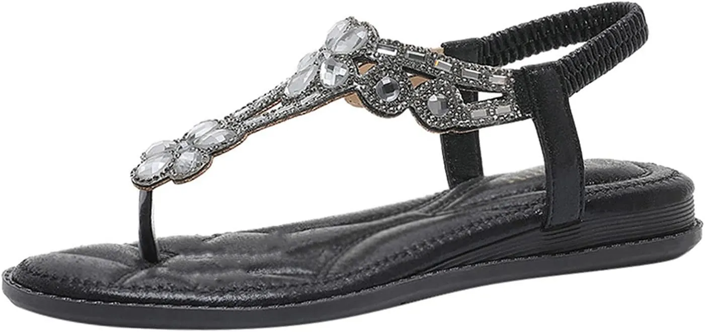 Sandals For Women Elastic Ankle Strap Casual Bohemian Beach Shoes Fashion Crystal Womens Heeled Sandals with Strap