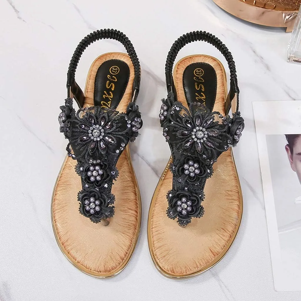 Sandals for Women Summer Beach Sandals Bohemia Floral Flat Thong Sandals T-Strap Beaded Elastic Flip Flop Shoes