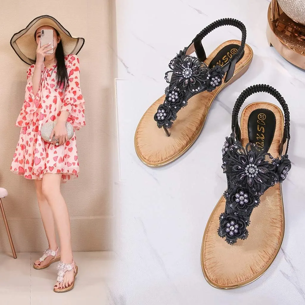 Sandals for Women Summer Beach Sandals Bohemia Floral Flat Thong Sandals T-Strap Beaded Elastic Flip Flop Shoes