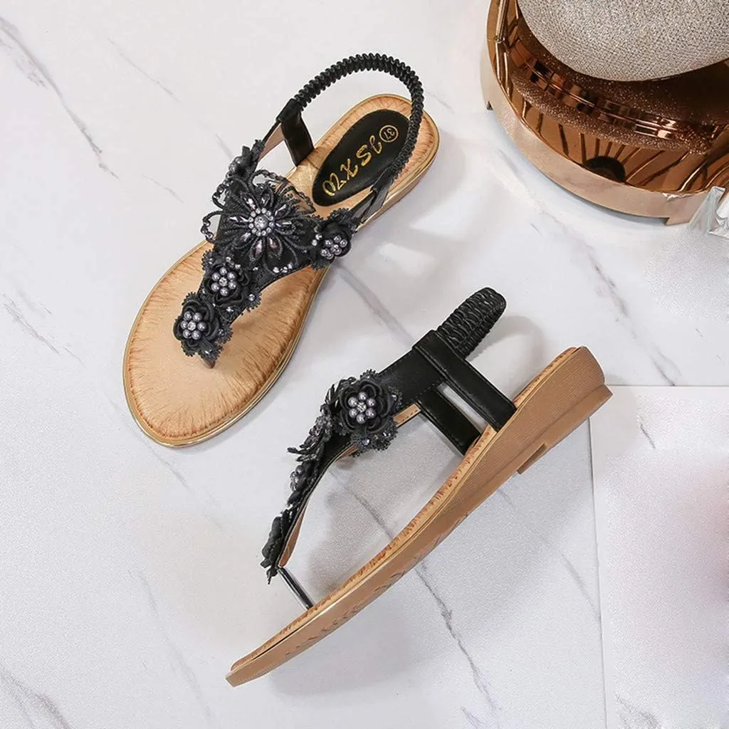 Sandals for Women Summer Beach Sandals Bohemia Floral Flat Thong Sandals T-Strap Beaded Elastic Flip Flop Shoes