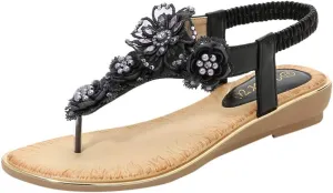 Sandals for Women Summer Beach Sandals Bohemia Floral Flat Thong Sandals T-Strap Beaded Elastic Flip Flop Shoes