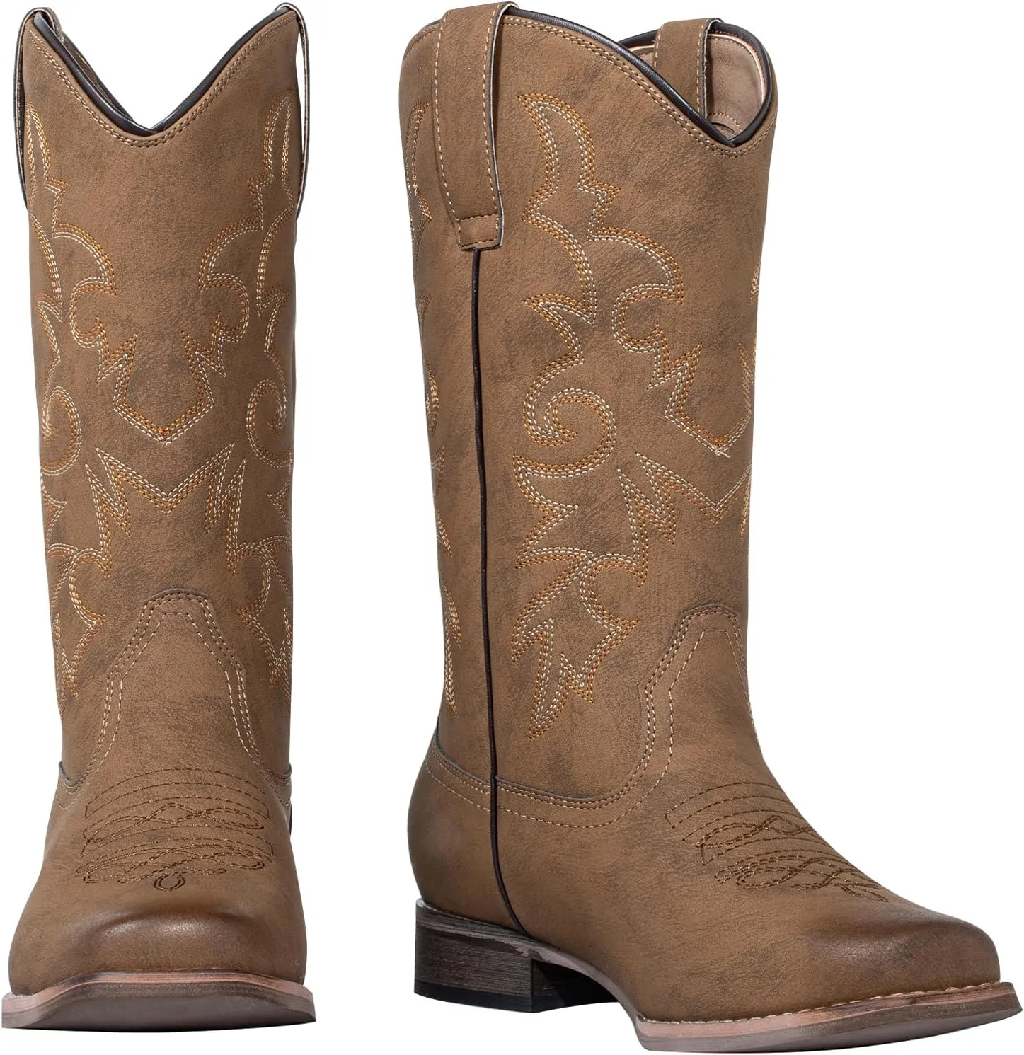 SheSole Women's Cowboy Boots Square Toe Western Cowgirl Mid Wide Calf Embroidered Boots Brown