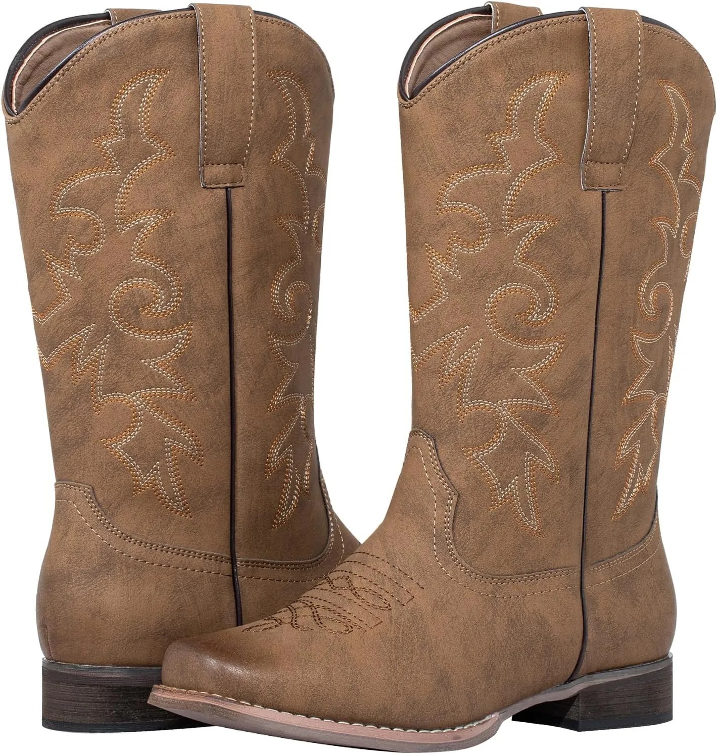 SheSole Women's Cowboy Boots Square Toe Western Cowgirl Mid Wide Calf Embroidered Boots Brown