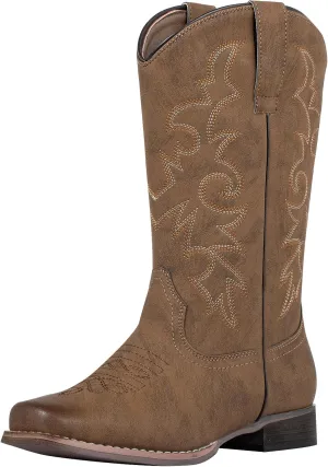SheSole Women's Cowboy Boots Square Toe Western Cowgirl Mid Wide Calf Embroidered Boots Brown