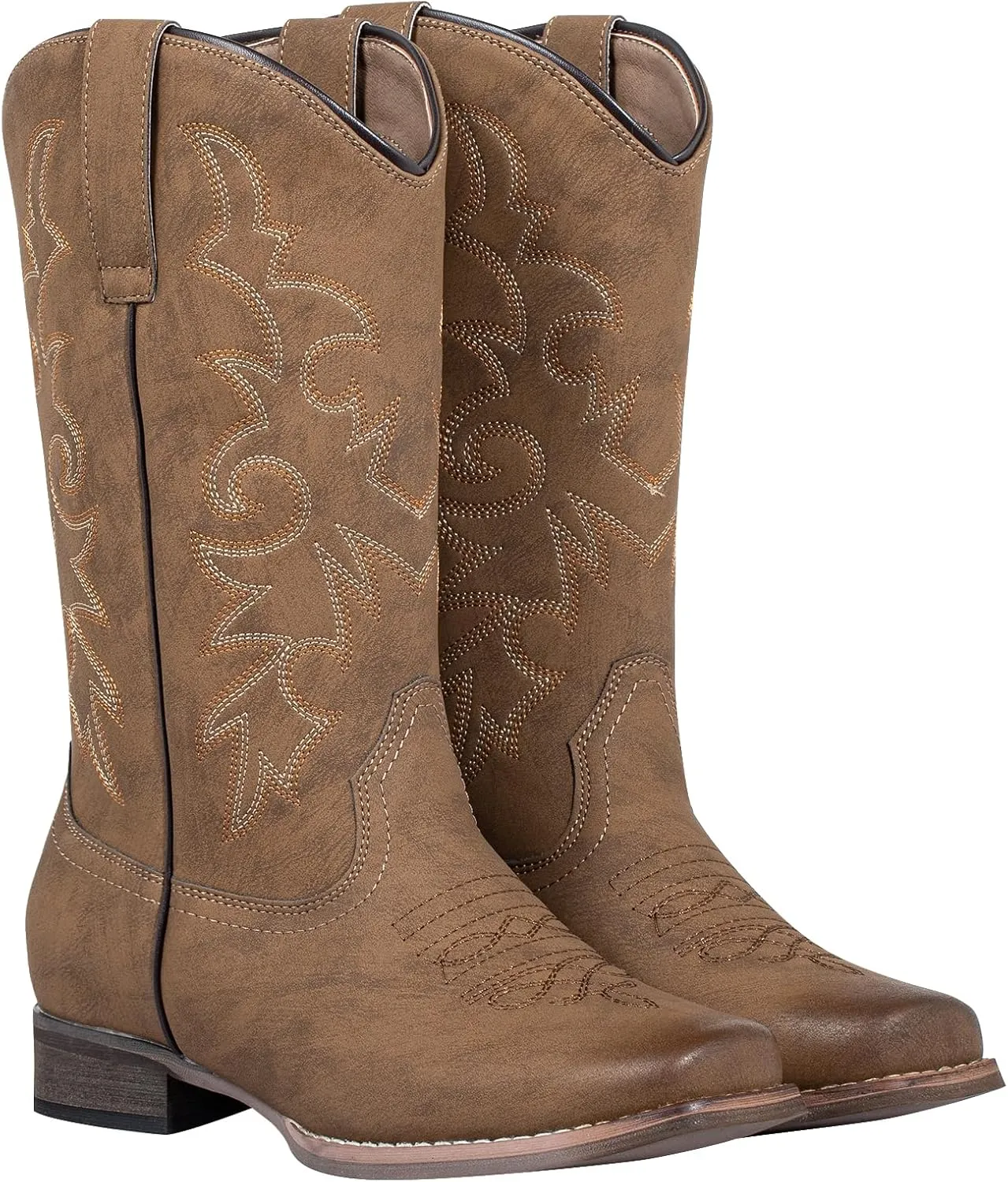 SheSole Women's Cowboy Boots Square Toe Western Cowgirl Mid Wide Calf Embroidered Boots Brown