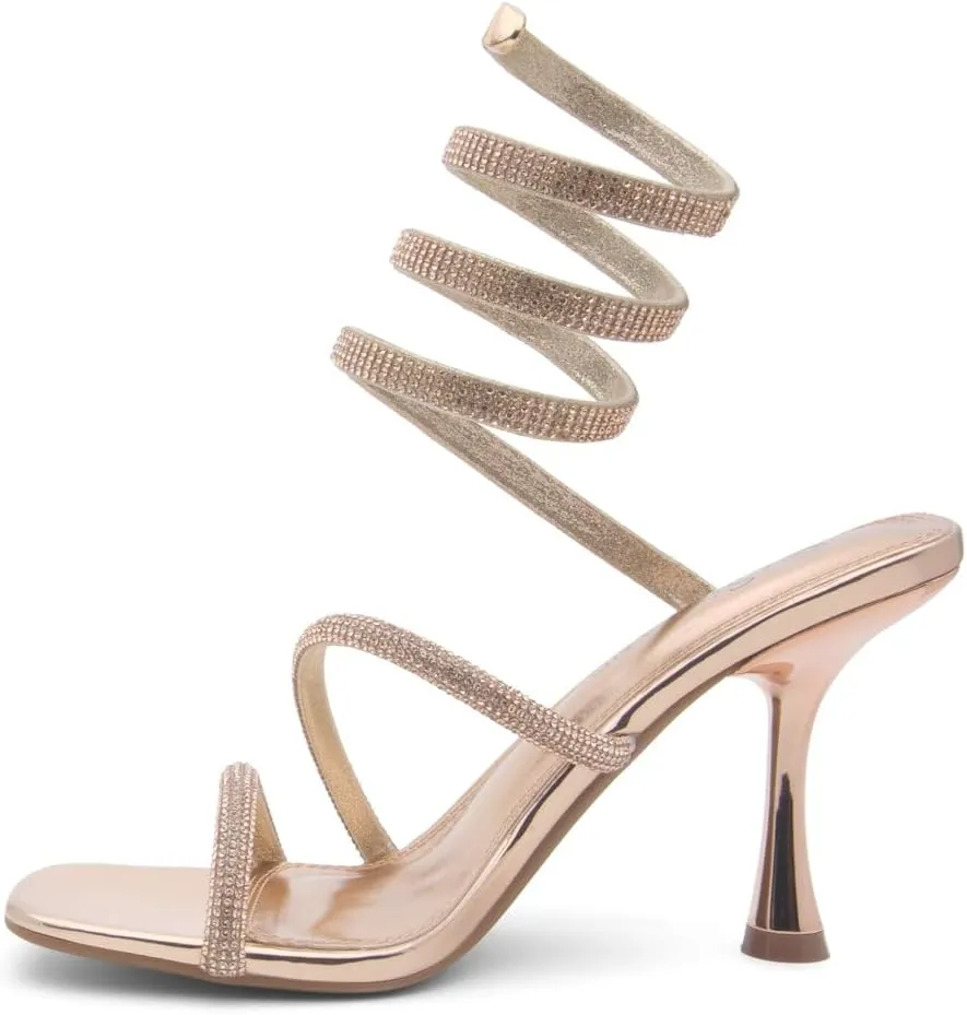Shoe Land Charming2 Women's Rhinestone Heels, Square Open Toe High Stilettos with Spiral Ankle Wrap Strap ?C Coil Spiral High Heeled Crystal Dress Sandals for Party