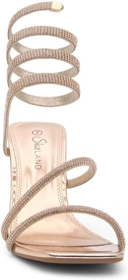 Shoe Land Charming2 Women's Rhinestone Heels, Square Open Toe High Stilettos with Spiral Ankle Wrap Strap ?C Coil Spiral High Heeled Crystal Dress Sandals for Party