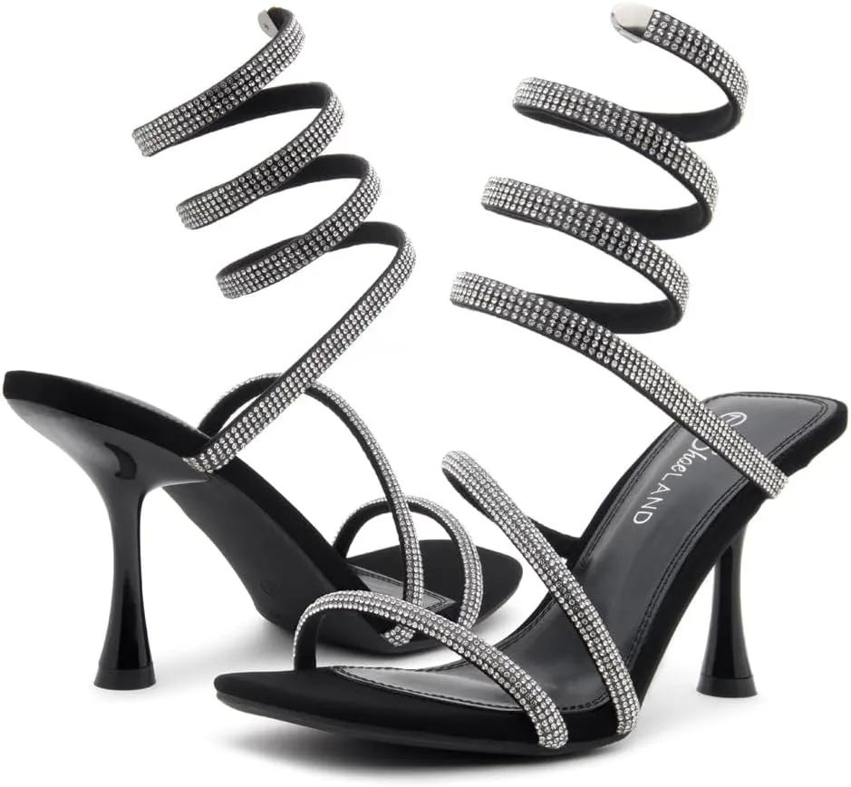 Shoe Land Charming2 Women's Rhinestone Heels, Square Open Toe High Stilettos with Spiral Ankle Wrap Strap ?C Coil Spiral High Heeled Crystal Dress Sandals for Party