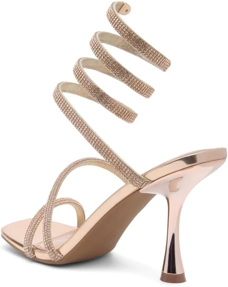 Shoe Land Charming2 Women's Rhinestone Heels, Square Open Toe High Stilettos with Spiral Ankle Wrap Strap ?C Coil Spiral High Heeled Crystal Dress Sandals for Party