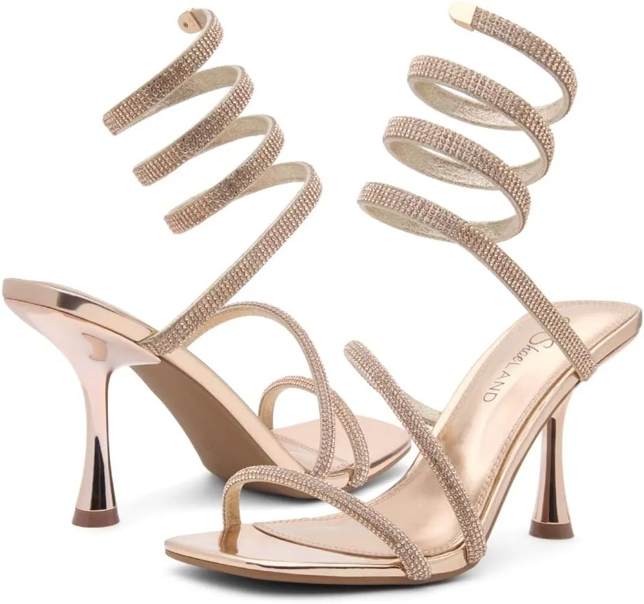 Shoe Land Charming2 Women's Rhinestone Heels, Square Open Toe High Stilettos with Spiral Ankle Wrap Strap ?C Coil Spiral High Heeled Crystal Dress Sandals for Party
