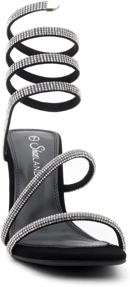 Shoe Land Charming2 Women's Rhinestone Heels, Square Open Toe High Stilettos with Spiral Ankle Wrap Strap ?C Coil Spiral High Heeled Crystal Dress Sandals for Party
