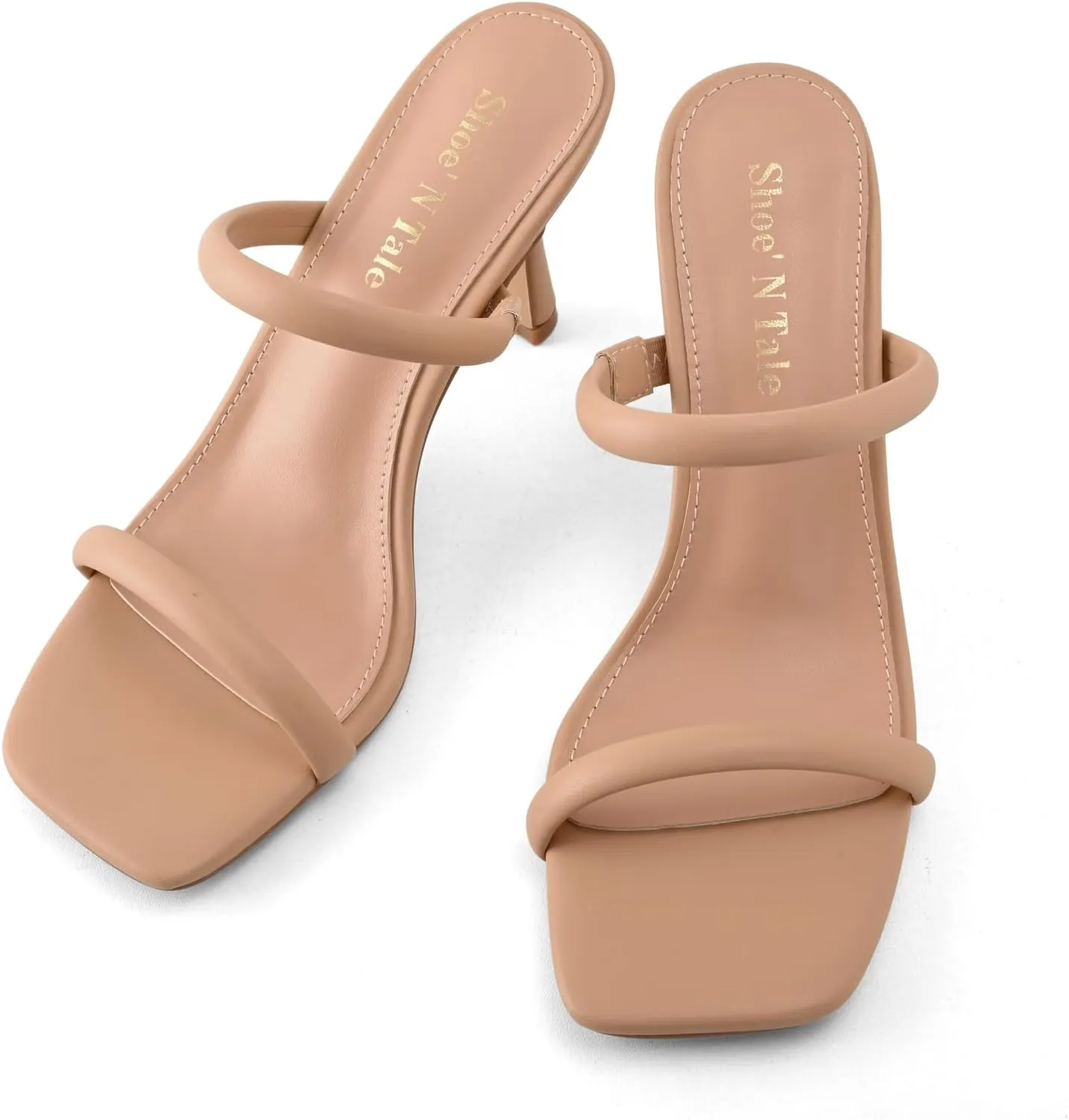 Shoe'N Tale Women's Strappy Heels Kitten Heeled Mules Two Straps Square Open Toe Slip On Sandals