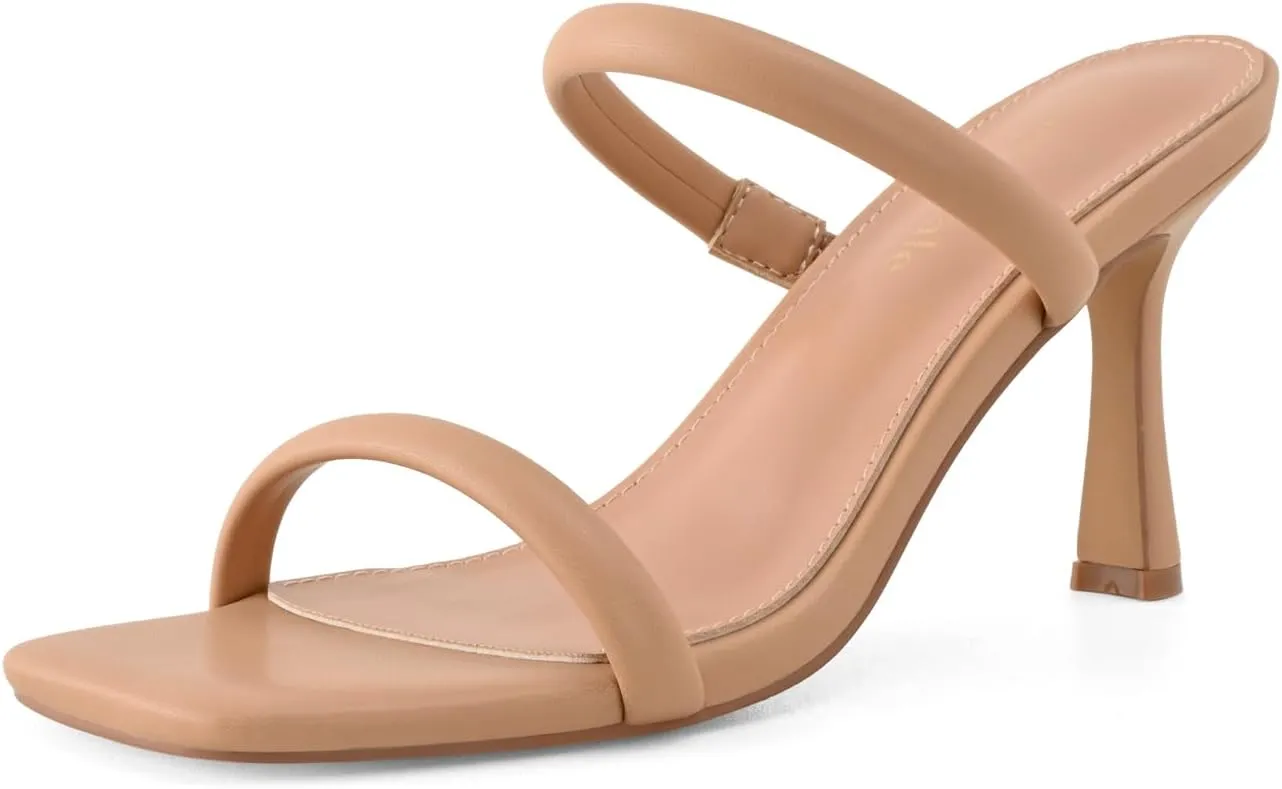 Shoe'N Tale Women's Strappy Heels Kitten Heeled Mules Two Straps Square Open Toe Slip On Sandals