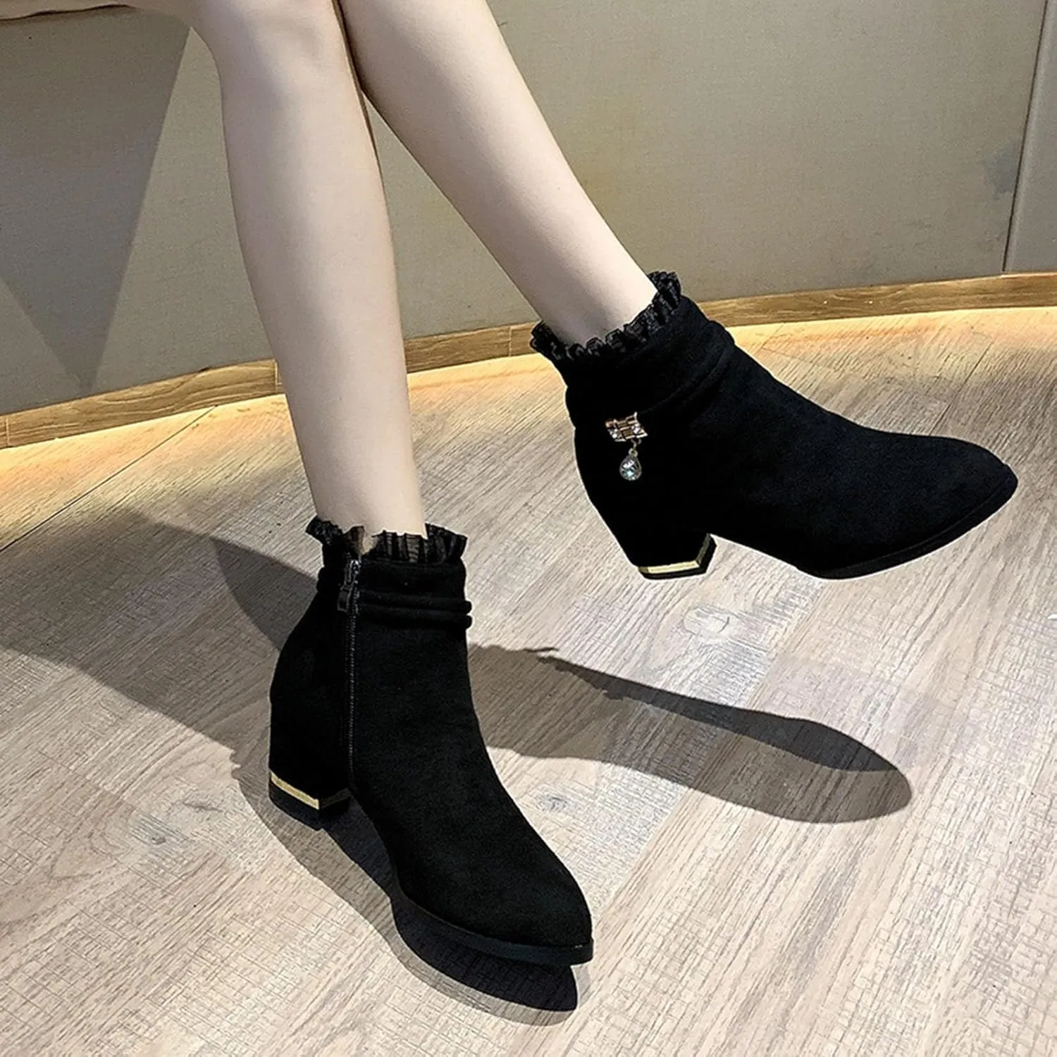 Shoes for Woman Large Size Fringe Back Zipper Short Boots Anti Slip Chunky Heel Snow Boots Classic Outdoor Boots
