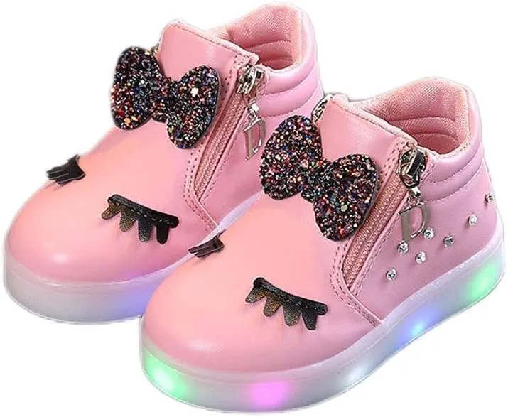 Side Zipper Bow Glitter Light Up Sneakers for Toddler Boys Kids Baby Infant Non Slip Leather Sport Shoes First Walking