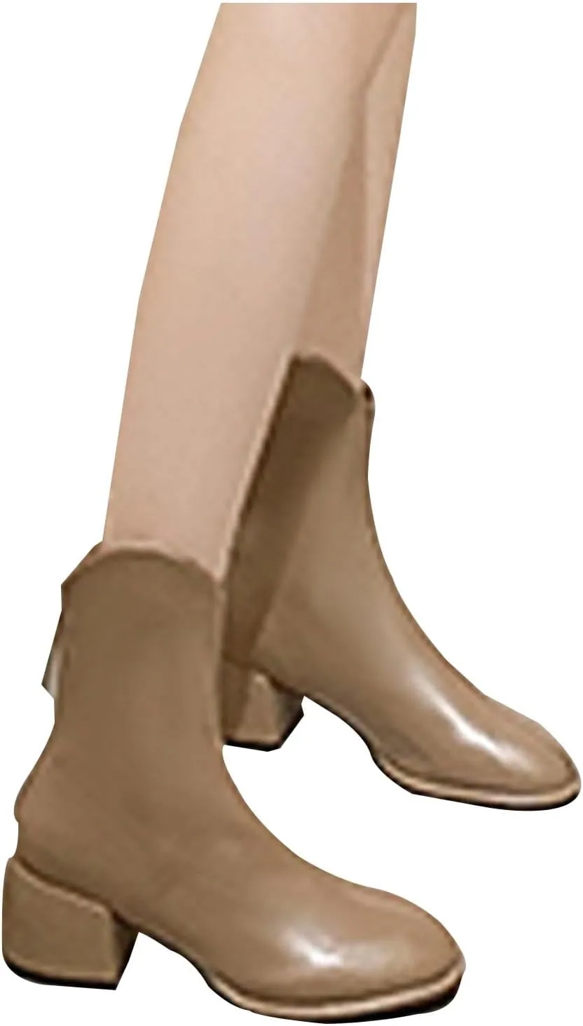 Sinzelimin Women Ankle Boots Chunky Heel Square Toe Comfort Fashion PU Business Party Dress Shoes Boot Mid Calf Short Booties