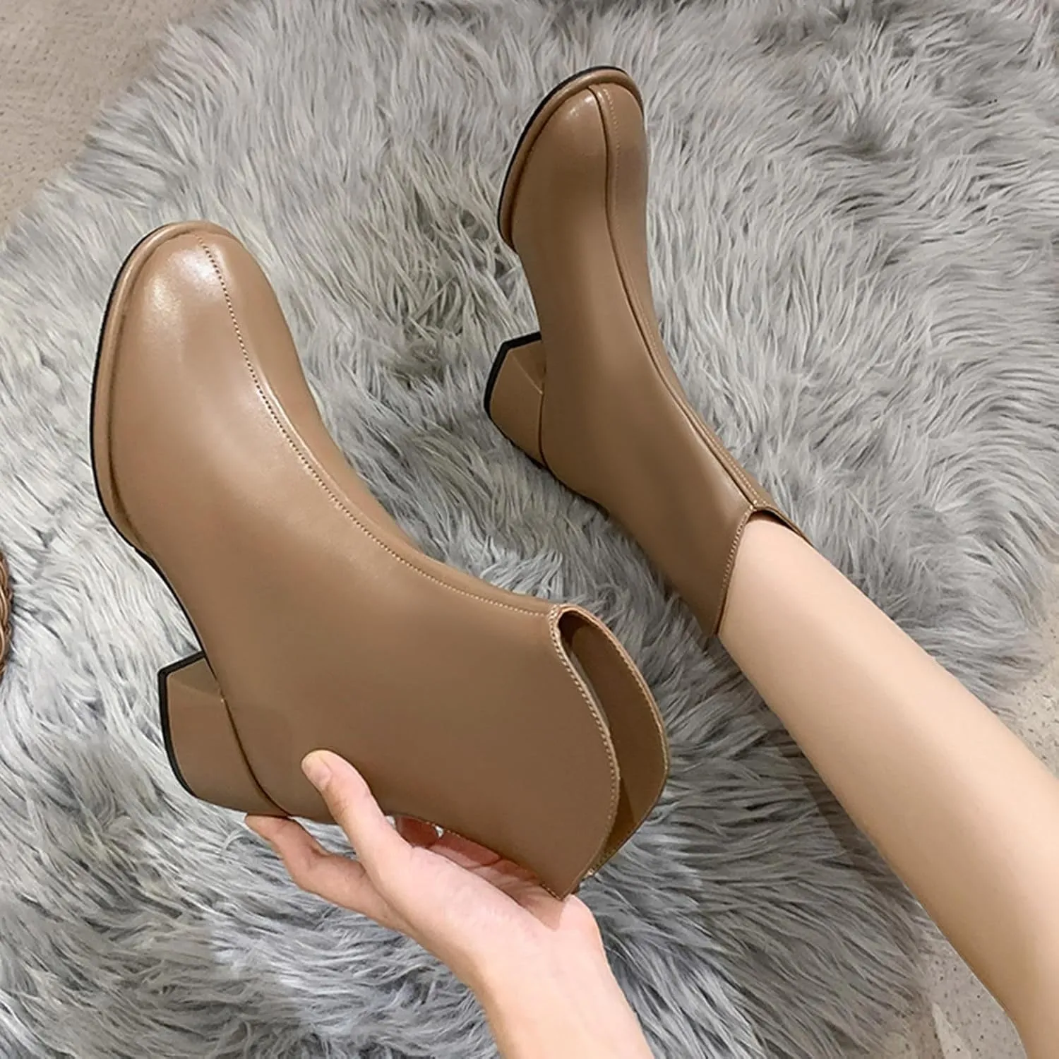 Sinzelimin Women Ankle Boots Chunky Heel Square Toe Comfort Fashion PU Business Party Dress Shoes Boot Mid Calf Short Booties