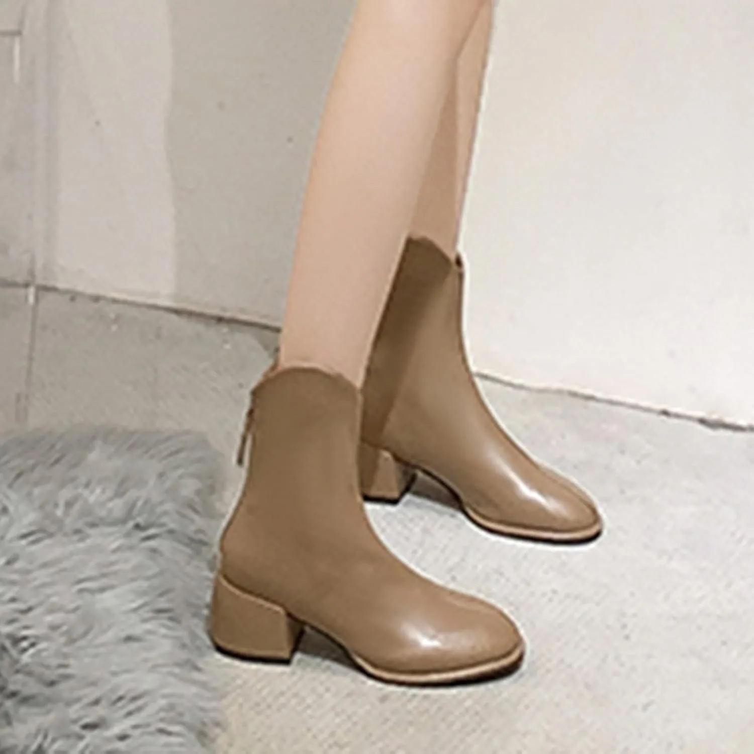 Sinzelimin Women Ankle Boots Chunky Heel Square Toe Comfort Fashion PU Business Party Dress Shoes Boot Mid Calf Short Booties
