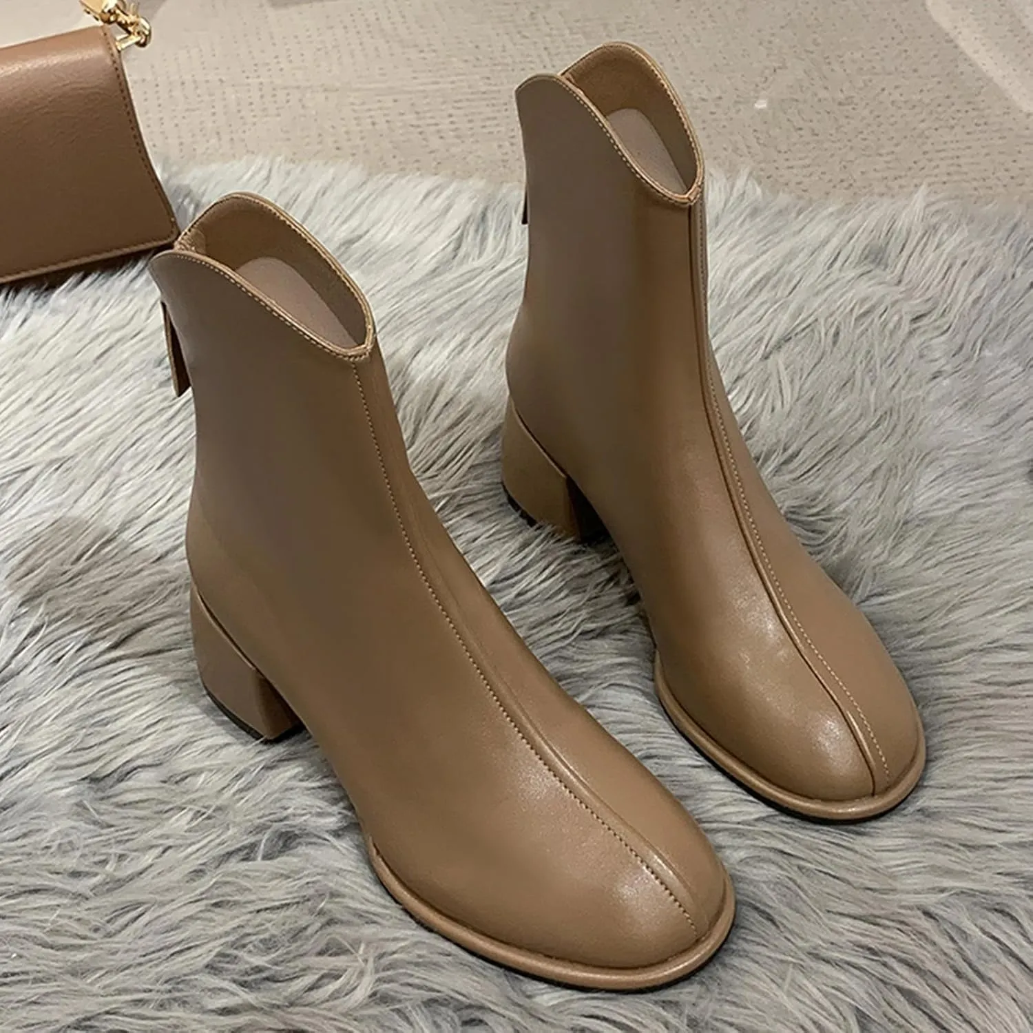 Sinzelimin Women Ankle Boots Chunky Heel Square Toe Comfort Fashion PU Business Party Dress Shoes Boot Mid Calf Short Booties