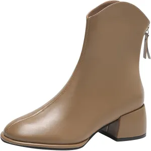 Sinzelimin Women Ankle Boots Chunky Heel Square Toe Comfort Fashion PU Business Party Dress Shoes Boot Mid Calf Short Booties