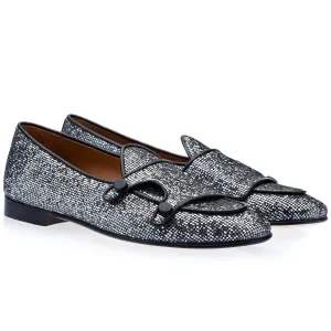 SUPERGLAMOUROUS Tangerine 7 Square Men's Shoes Silver Glittered Canvas Fabric Monk-Straps Belgian Loafers (SPGMS1118)