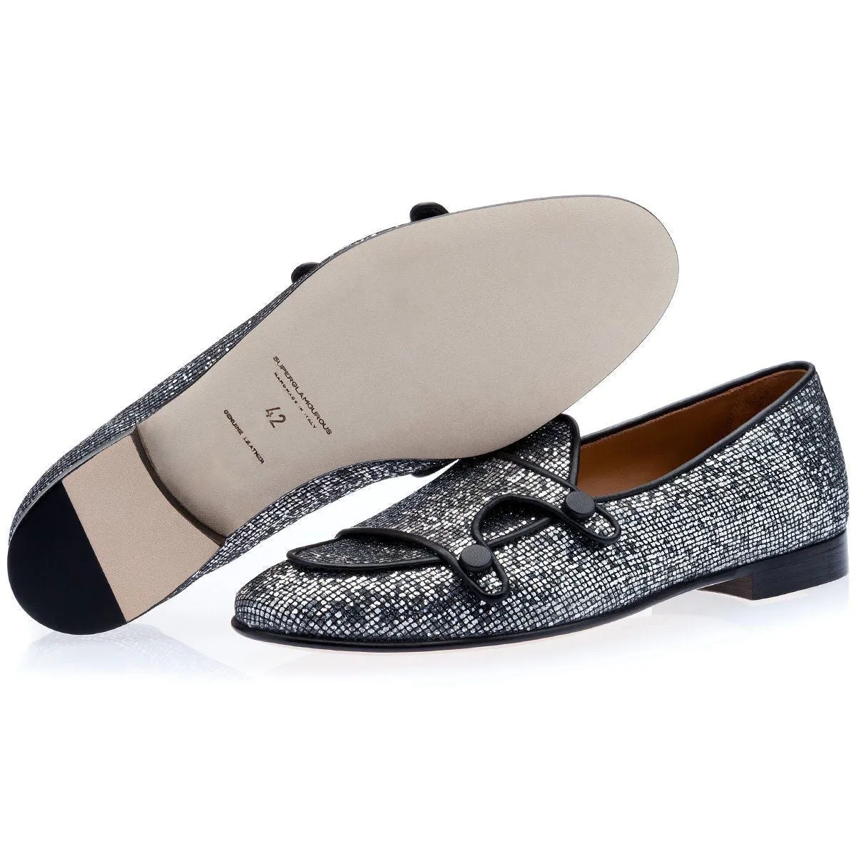 SUPERGLAMOUROUS Tangerine 7 Square Men's Shoes Silver Glittered Canvas Fabric Monk-Straps Belgian Loafers (SPGMS1118)