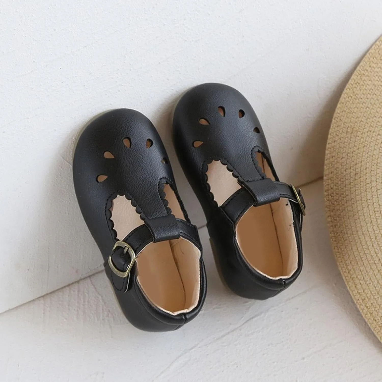 Toddler Girl T Strap Mary Jane Dress Shoes, Little Girl Closed Toe Hollow Buckle School niform Walking Shoes