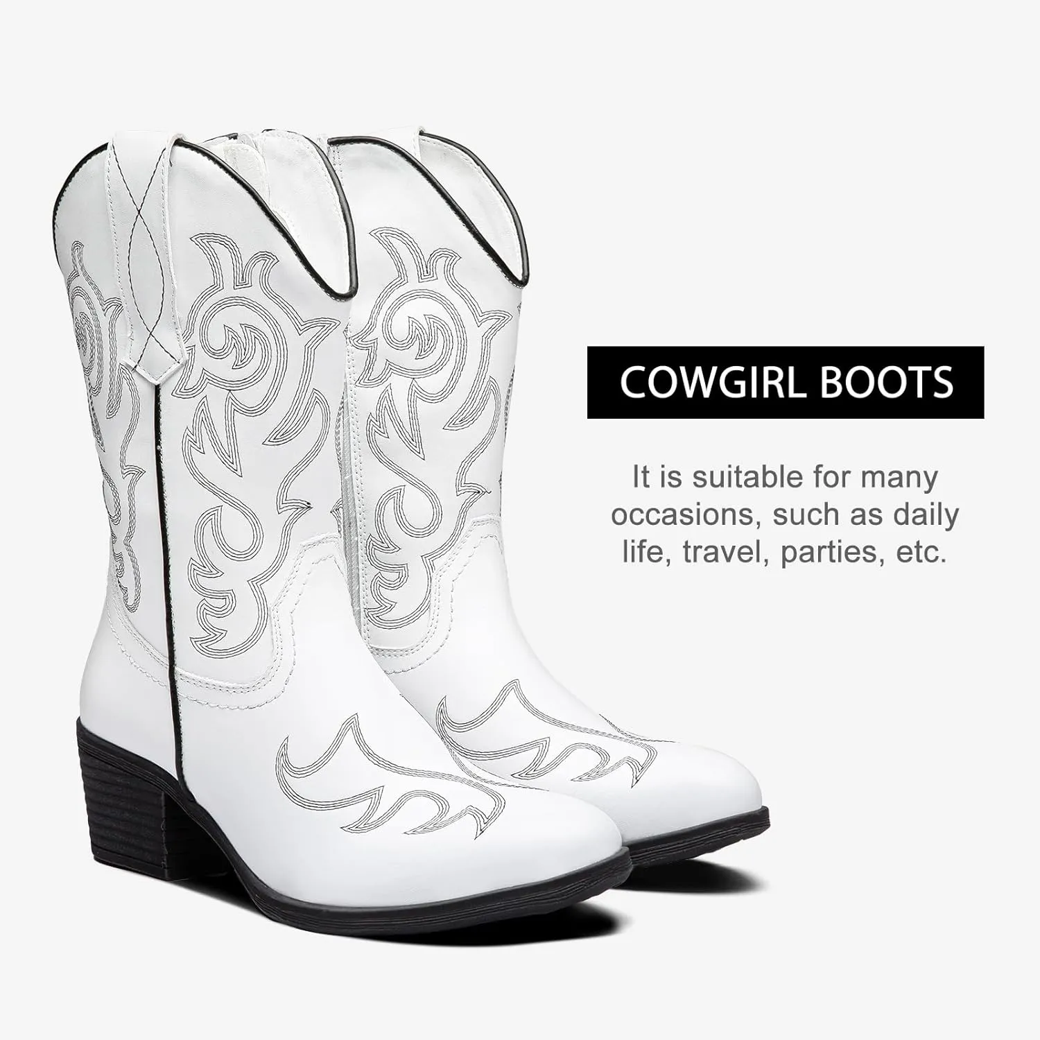 Vepose Women??s Cowboy Mid Calf Boots Cowgirl Western Embroidered Chunky Low Heel 9800 Boots with Zipper