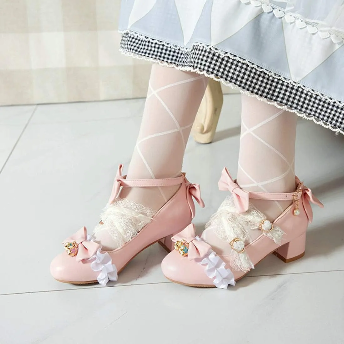 VOKLIN Women's Girls Lolita Princess Mary Jane Pumps Sweet Bow Lace Ankle Strap Low Heel Oxford Dress Shoes