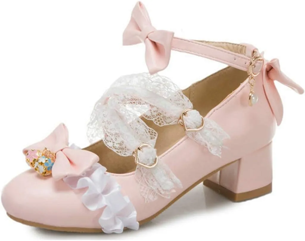 VOKLIN Women's Girls Lolita Princess Mary Jane Pumps Sweet Bow Lace Ankle Strap Low Heel Oxford Dress Shoes
