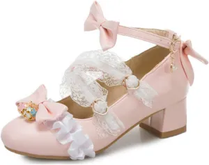VOKLIN Women's Girls Lolita Princess Mary Jane Pumps Sweet Bow Lace Ankle Strap Low Heel Oxford Dress Shoes