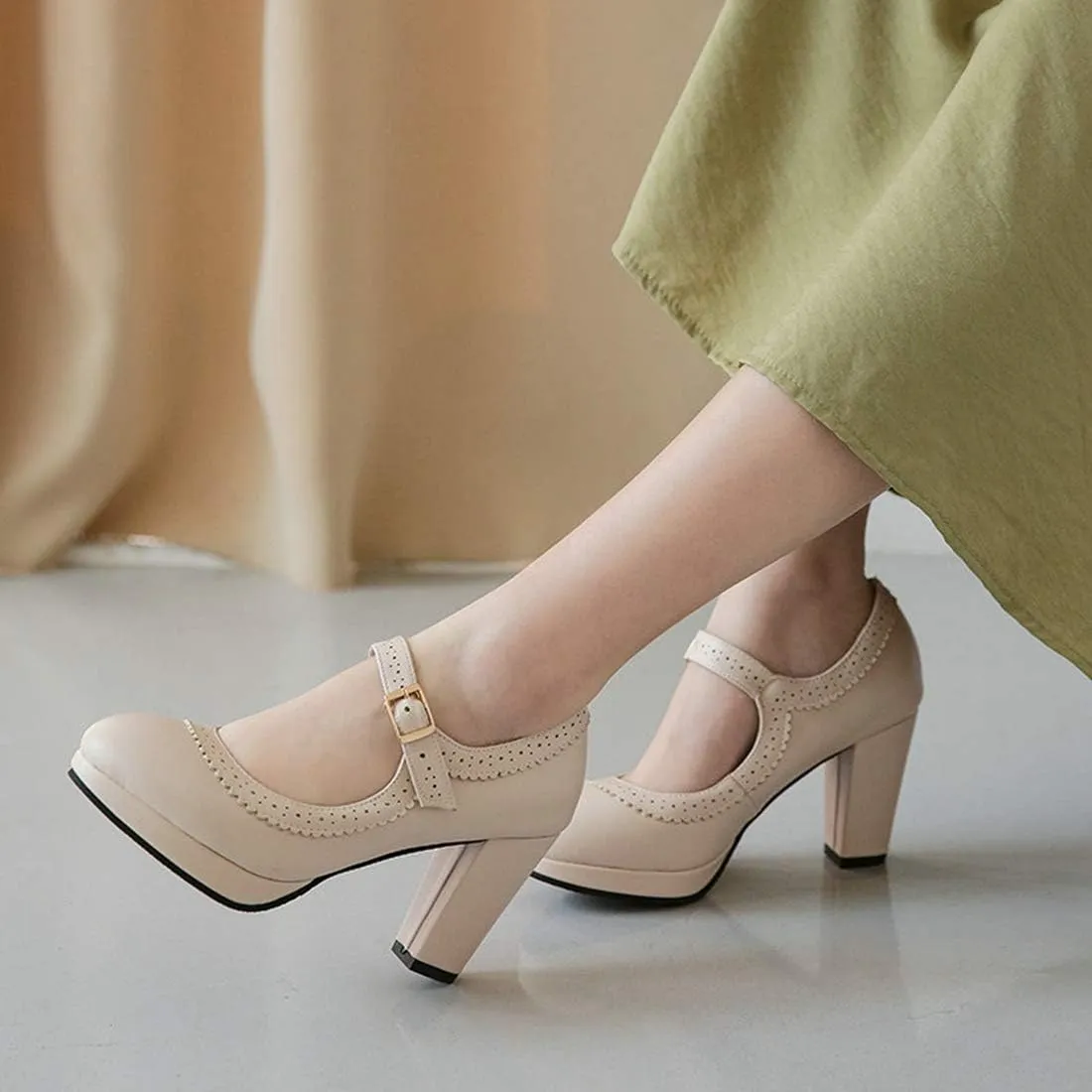 VOKLIN Women's Ladies Round Toe Mary Jane Oxford Pumps Ankle Strap Platform Chunky Block High Heel Dress Shoes