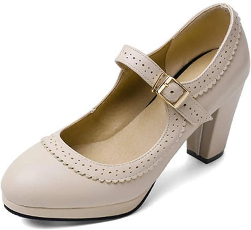 VOKLIN Women's Ladies Round Toe Mary Jane Oxford Pumps Ankle Strap Platform Chunky Block High Heel Dress Shoes
