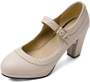VOKLIN Women's Ladies Round Toe Mary Jane Oxford Pumps Ankle Strap Platform Chunky Block High Heel Dress Shoes
