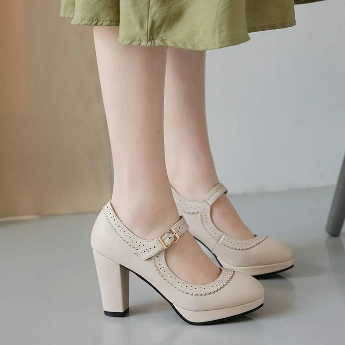 VOKLIN Women's Ladies Round Toe Mary Jane Oxford Pumps Ankle Strap Platform Chunky Block High Heel Dress Shoes