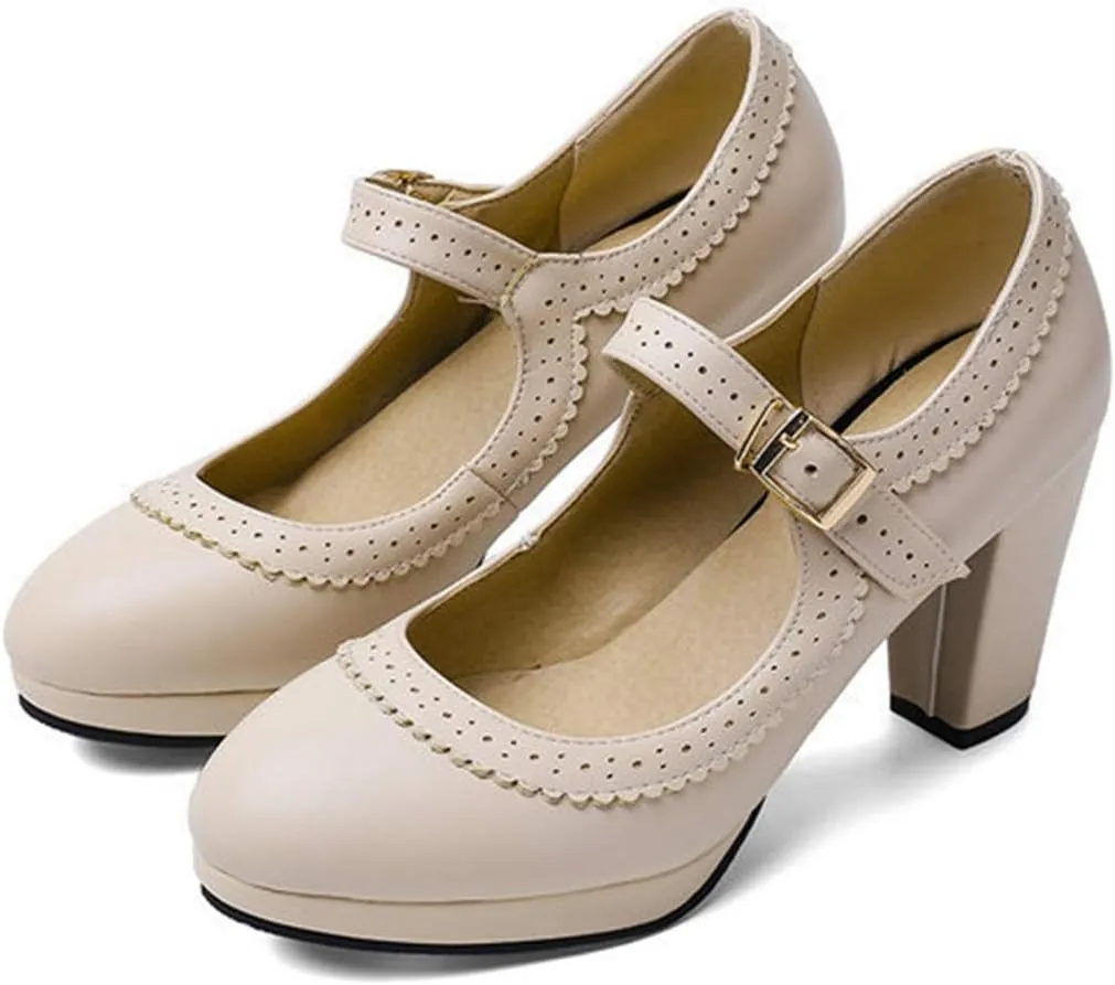 VOKLIN Women's Ladies Round Toe Mary Jane Oxford Pumps Ankle Strap Platform Chunky Block High Heel Dress Shoes